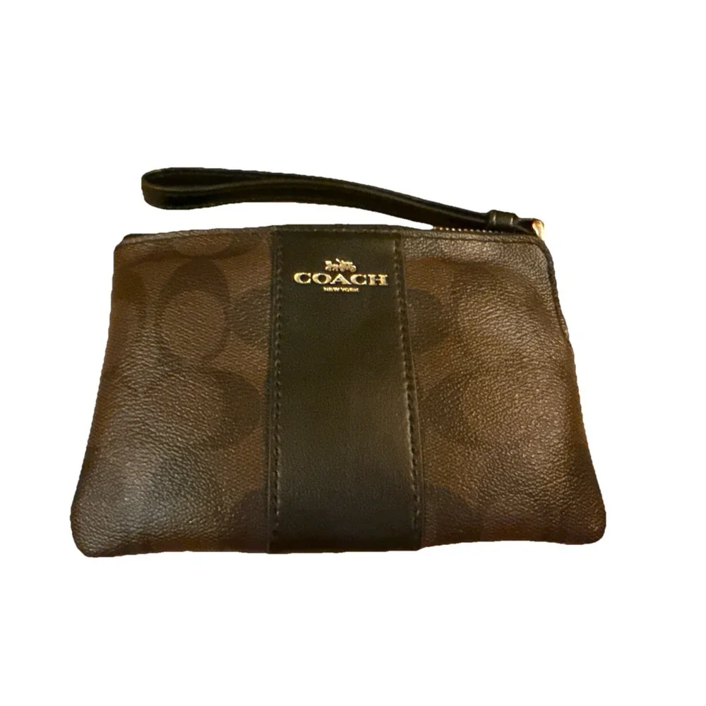 Coach Brown Stripe Logo Wristlet Wallet Corner Zip Coated Canvas‎ Leather